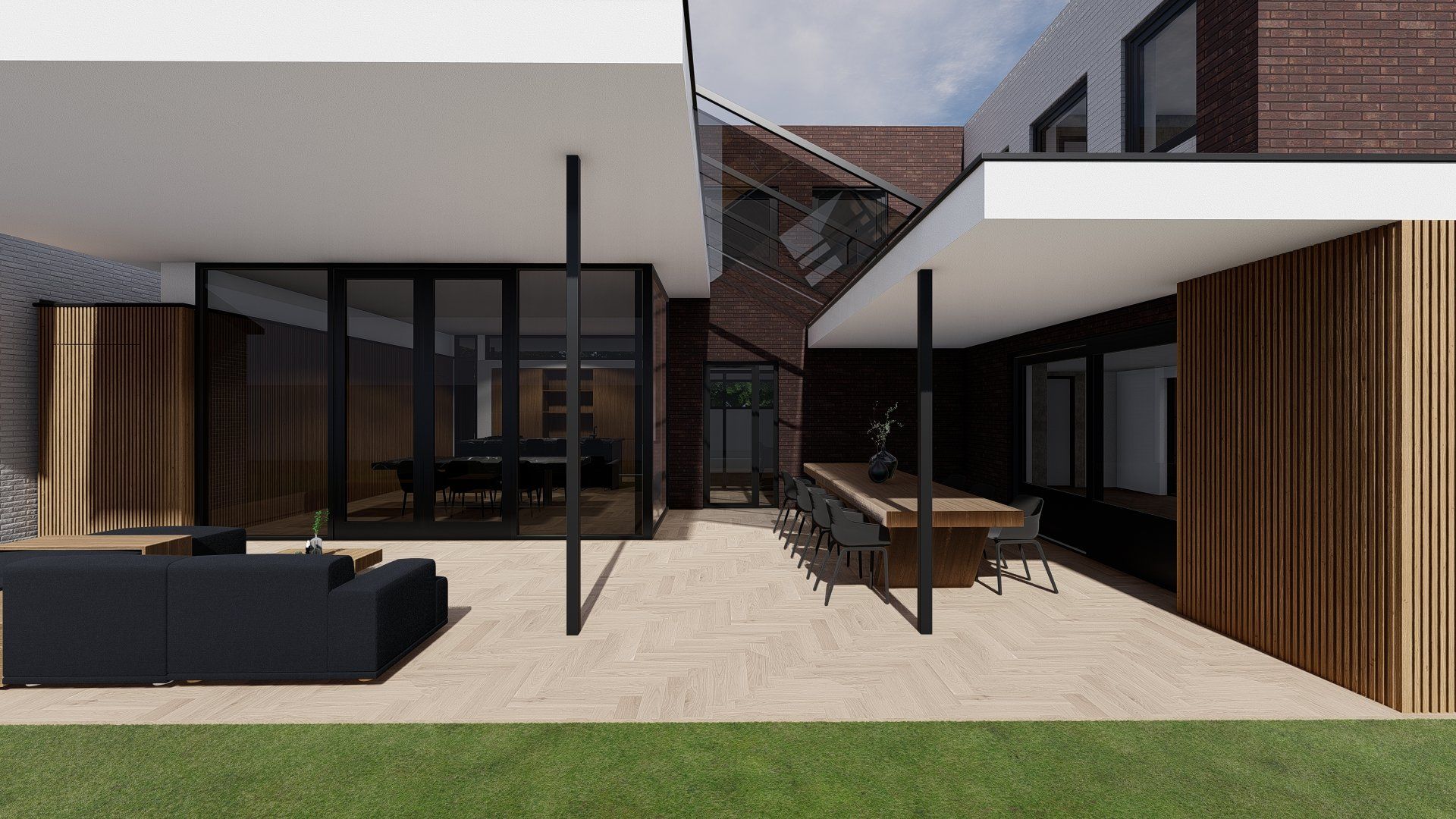 Een artistieke impressie van een modern huis met een grote patio.