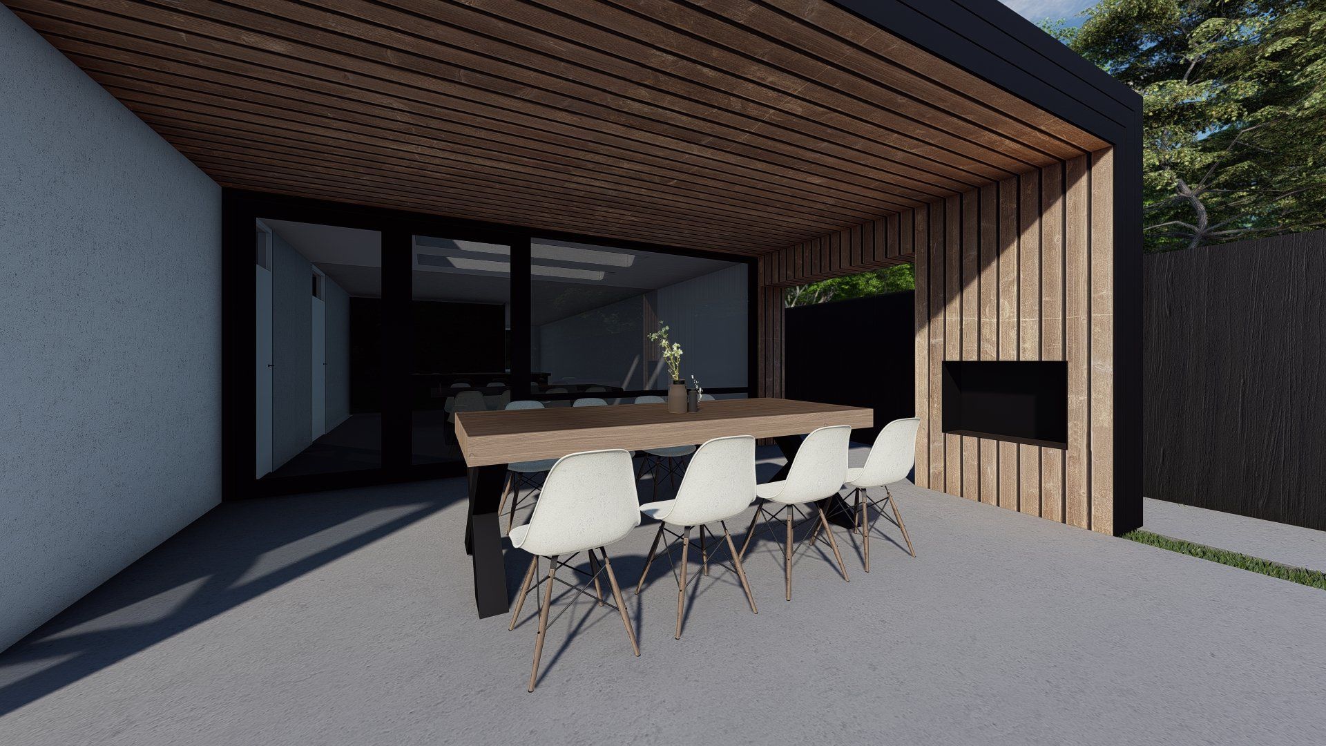 Een artistieke impressie van een patio met tafel en stoelen.