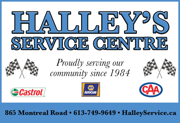 Halley's Service Centre advertisement with logo, address, and brands like Castrol and CAA.