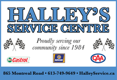 Halley's Service Centre advertisement with logo, address, and brands like Castrol and CAA.