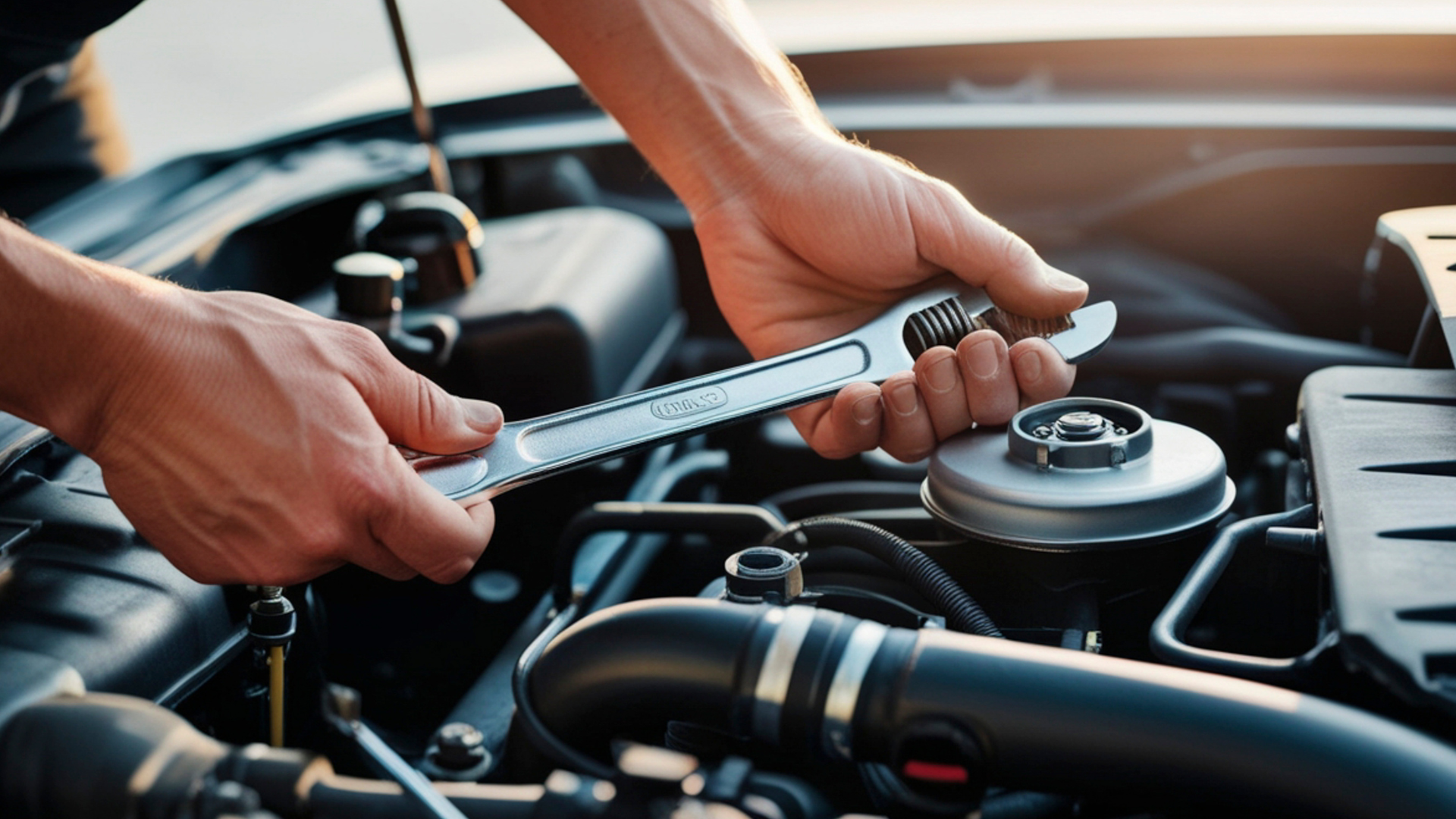 Hands using a wrench to work on a car engine.