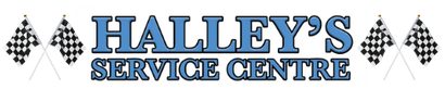 Halley's Service Centre logo with checker flags, blue lettering on white.