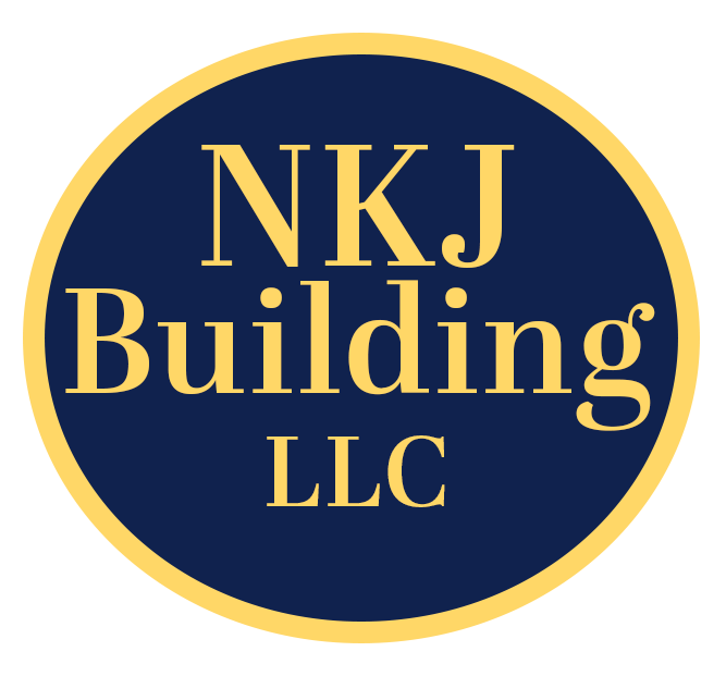 NKJ Building LLC logo in gold text on a navy oval with a gold border