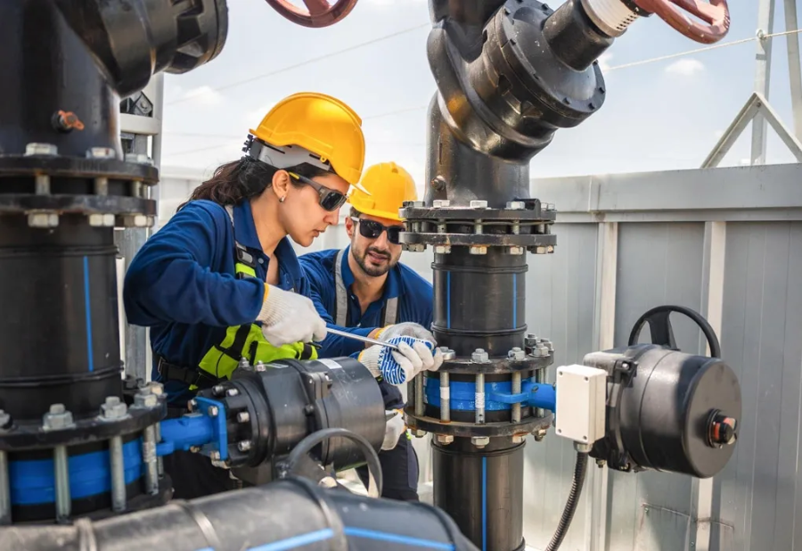 Two workers in hard hats inspect industrial pipes and valves at a facility