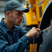 Mechanic in blue uniform checking a large tire on heavy machinery in a workshop