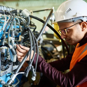 Technician in a hard hat inspecting machinery and cables in an industrial setting
