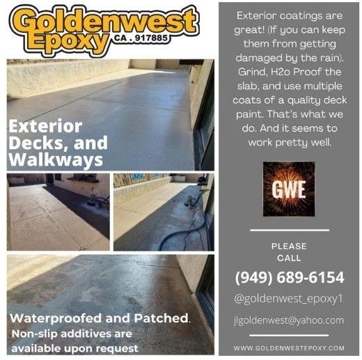 An advertisement for goldenwest epoxy exterior decks and walkways