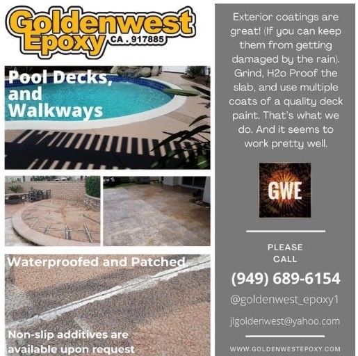 An advertisement for goldenwest epoxy pool decks and walkways