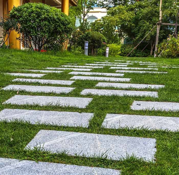 A stone walkway going through a lush green field.