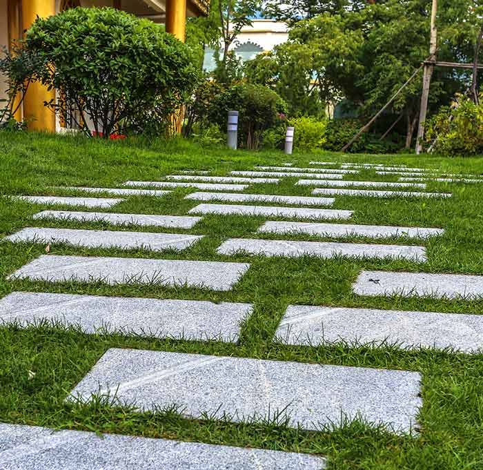 A stone walkway going through a lush green field.