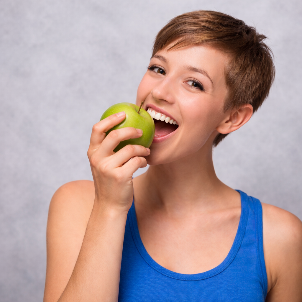 Woman smiling and eating a green apple