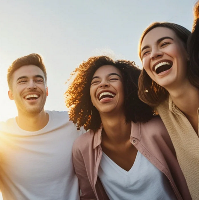 Group of people laughing and smiling outdoors