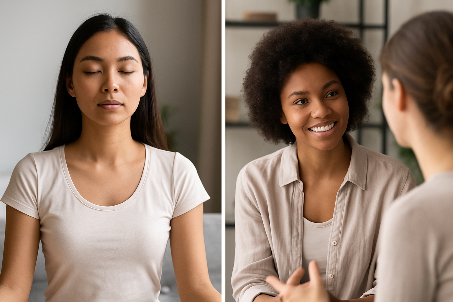 Woman meditating and woman in a discussion with another person. Both indoors, neutral colors.