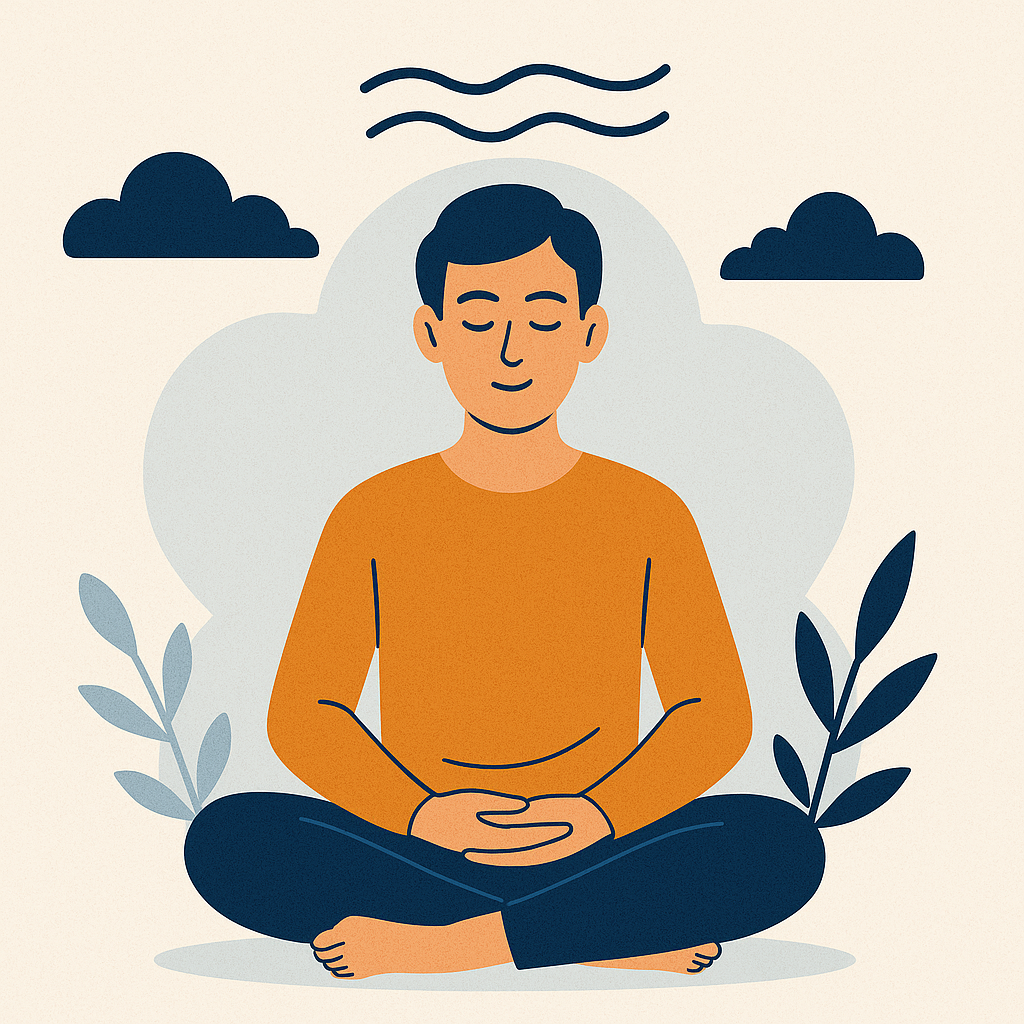 Person meditating in lotus position, eyes closed, with clouds and foliage, orange shirt, blue pants.