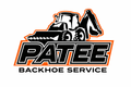 Logo for Patee Backhoe Service: Backhoe machine, black and orange text on white background.