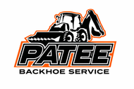 Logo for Patee Backhoe Service: Backhoe machine, black and orange text on white background.