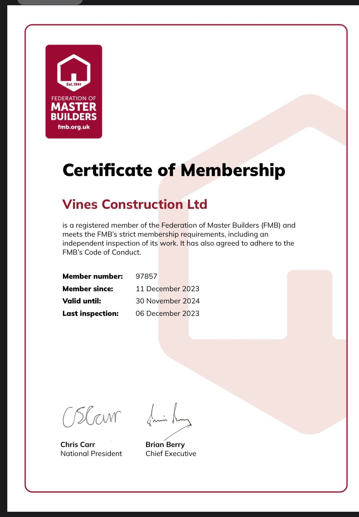 FMB membership certificate
