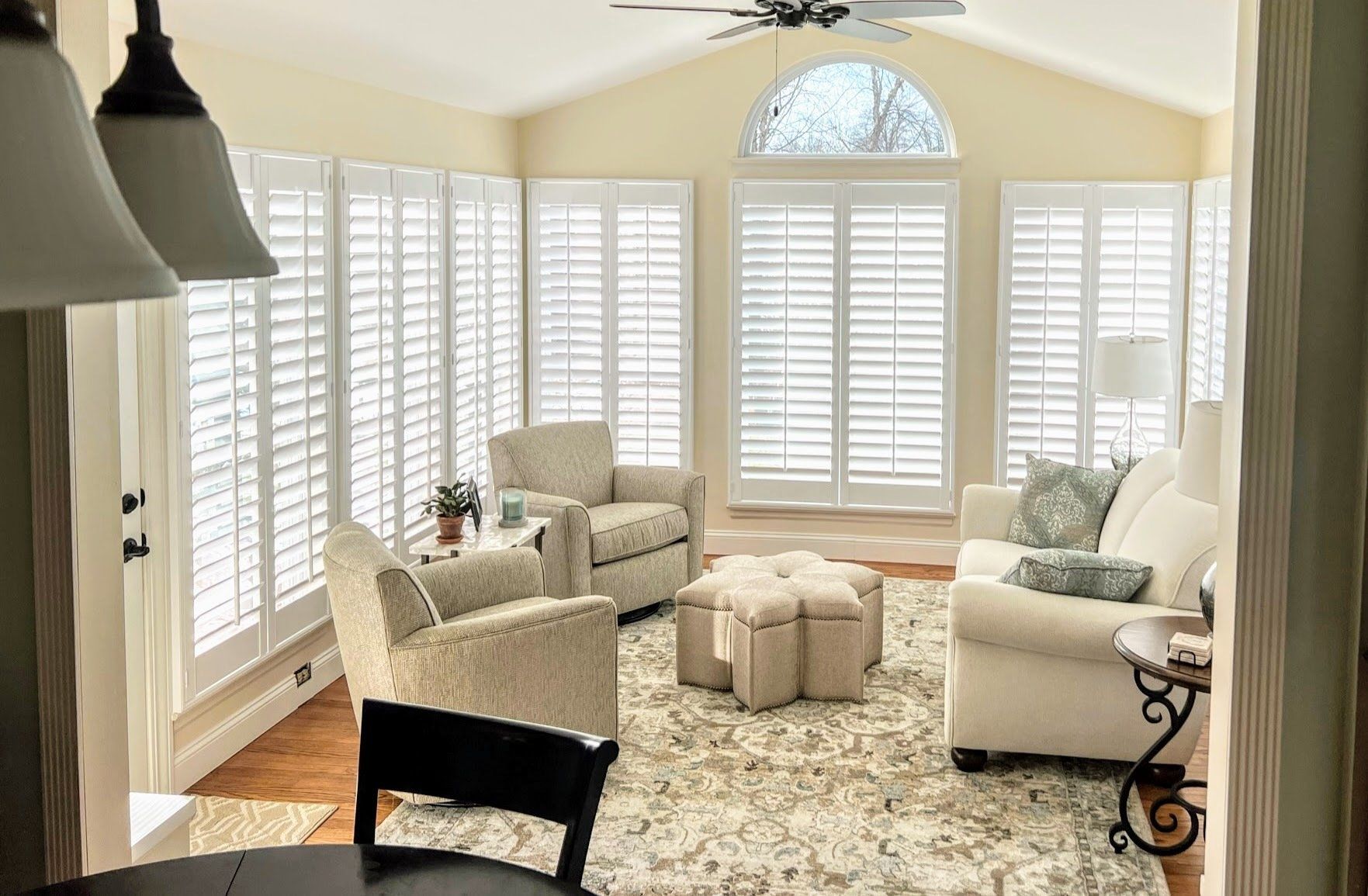 Bright living room with white shutters, beige furniture, and a large patterned rug