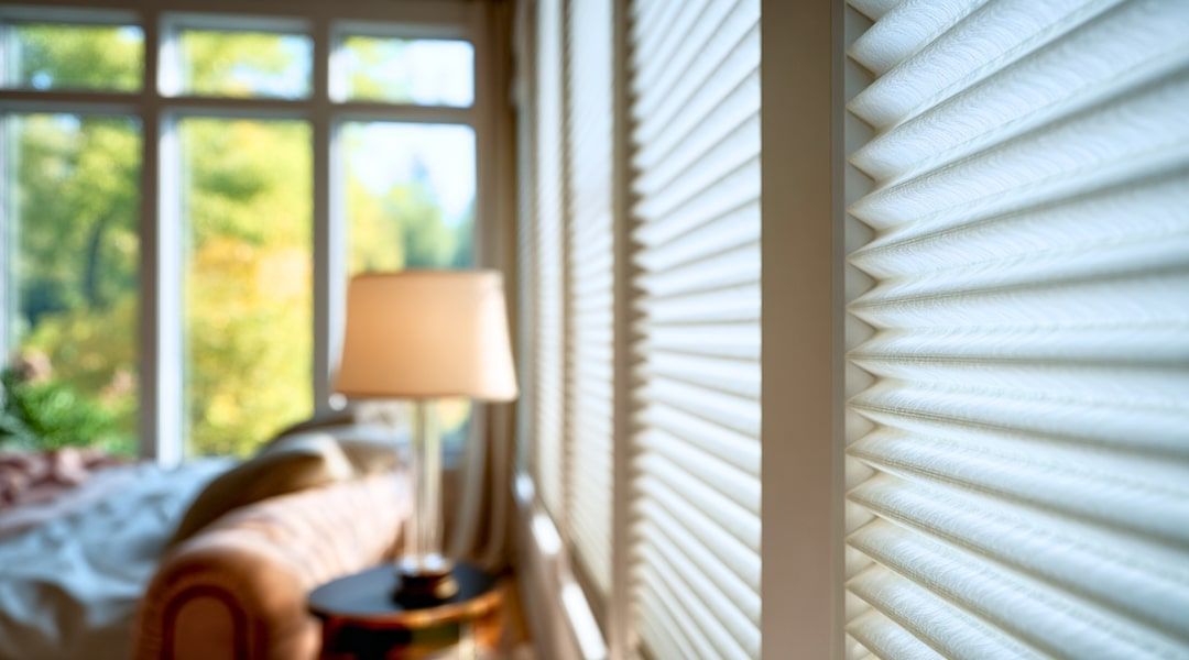 Sunlit bedroom with a bed, lamp, and white window blinds beside large windows.