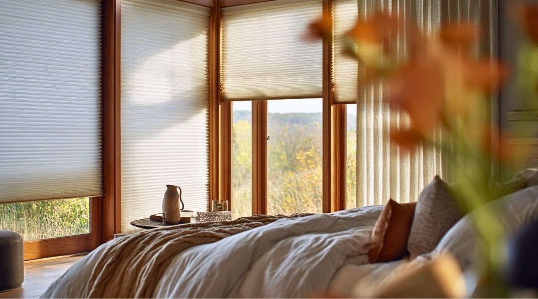 Cozy bedroom with a rumpled bed, soft daylight, and large windows overlooking trees.