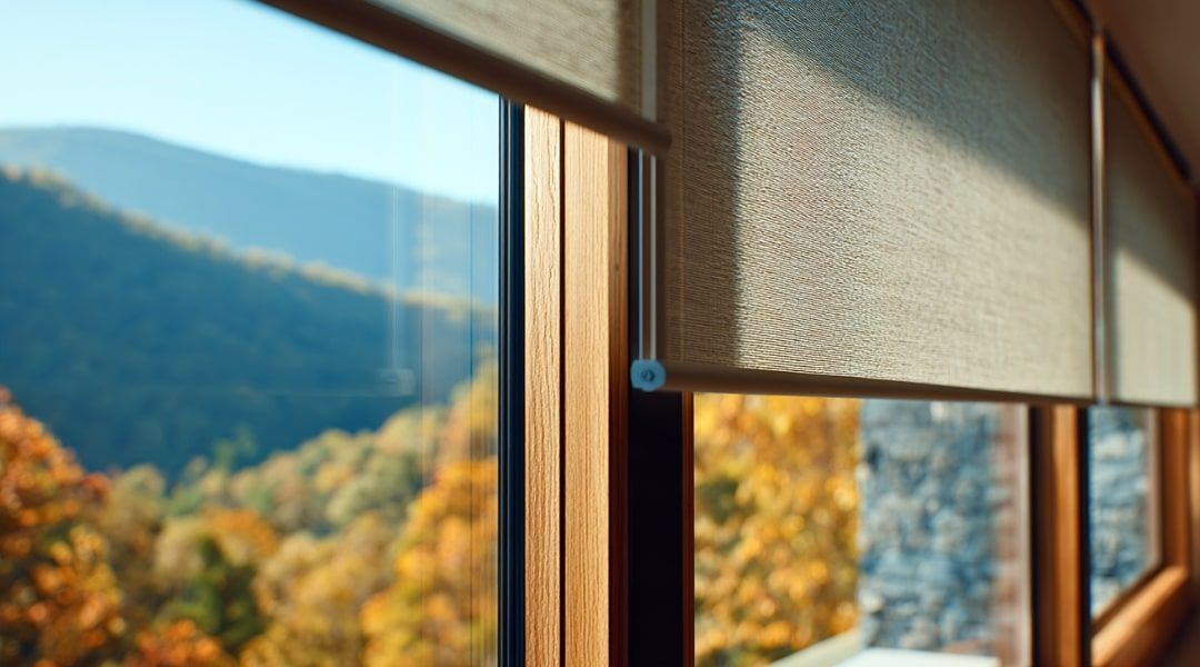 Wooden window framing a sunlit autumn mountain view with partially lowered blinds