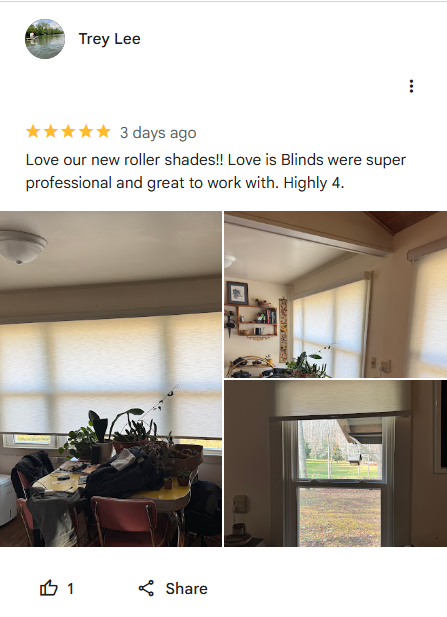Google review praising new roller shades, with photos of blinds in a bright home interior.