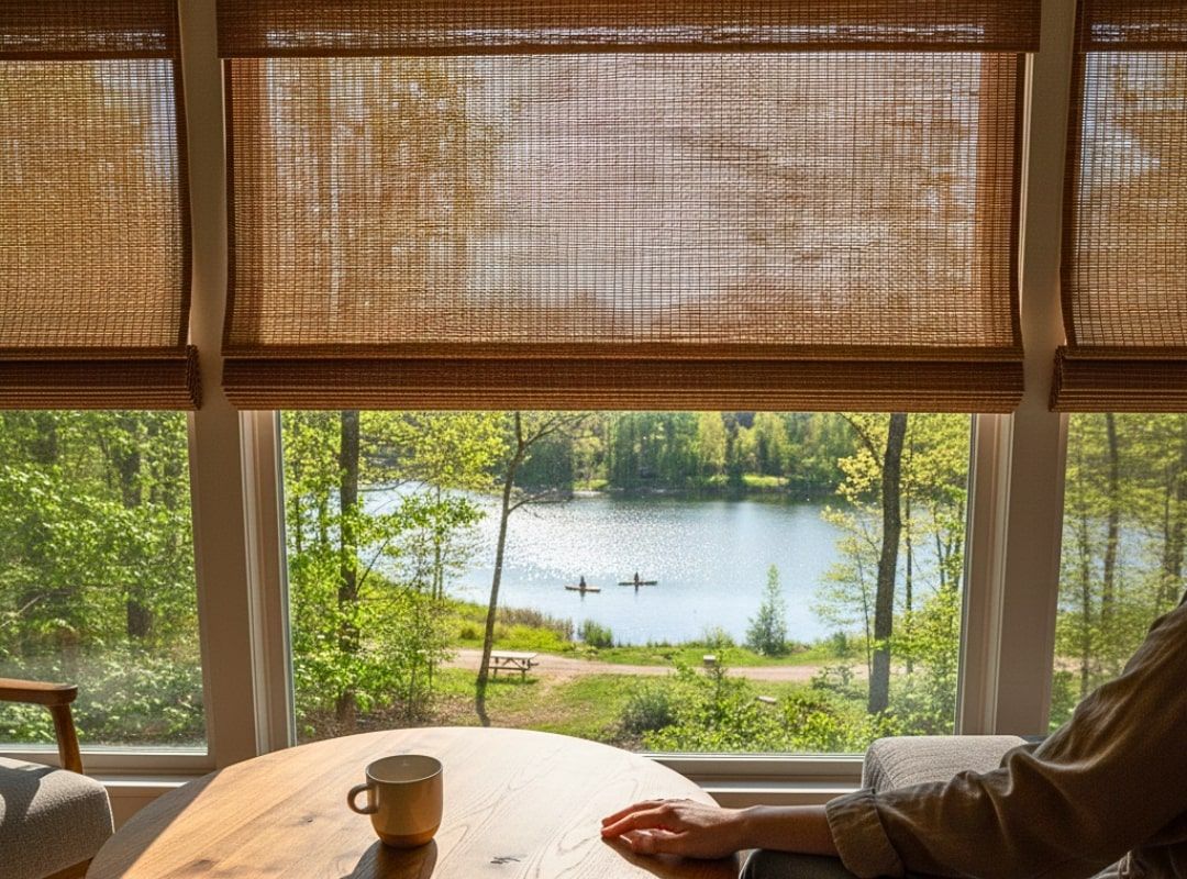 Cozy lakeside room with bamboo shades, a wooden table, and a view of people canoeing on a calm lake