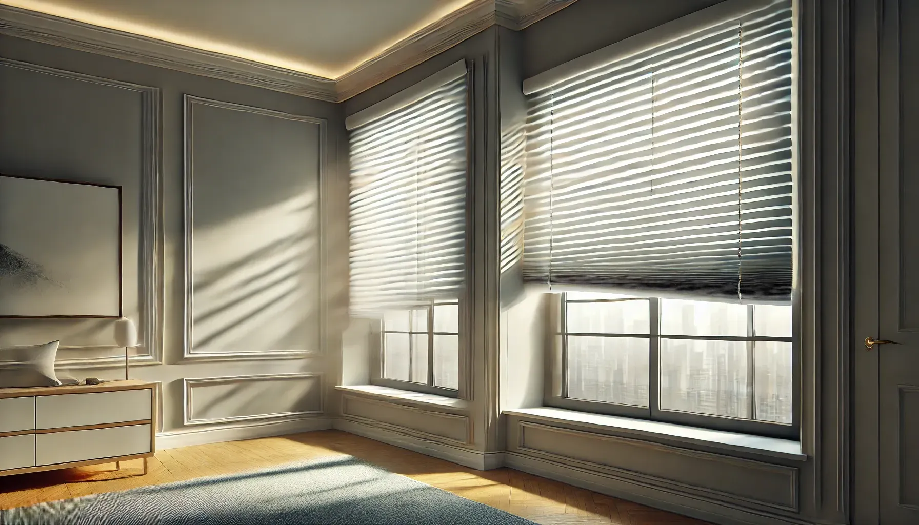 Sunlit living room with tall windows, blinds, and soft shadows on gray paneled walls and a rug