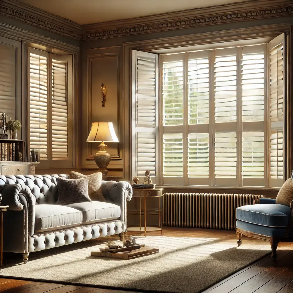 Elegant sunlit living room with tufted sofa, blue ottoman, lamp, and large shuttered windows
