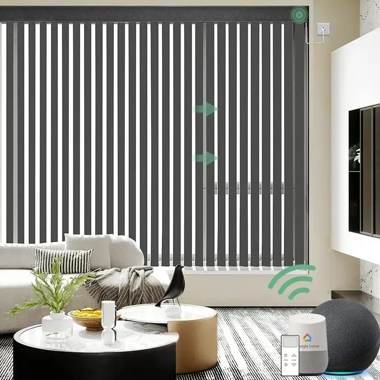 Modern living room with vertical blinds, sofa, coffee table, and a small robot vacuum near the window