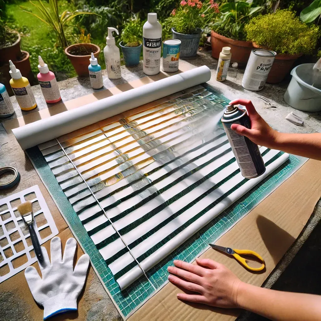 Person spray-painting white slatted panels on a worktable in a garden workspace.