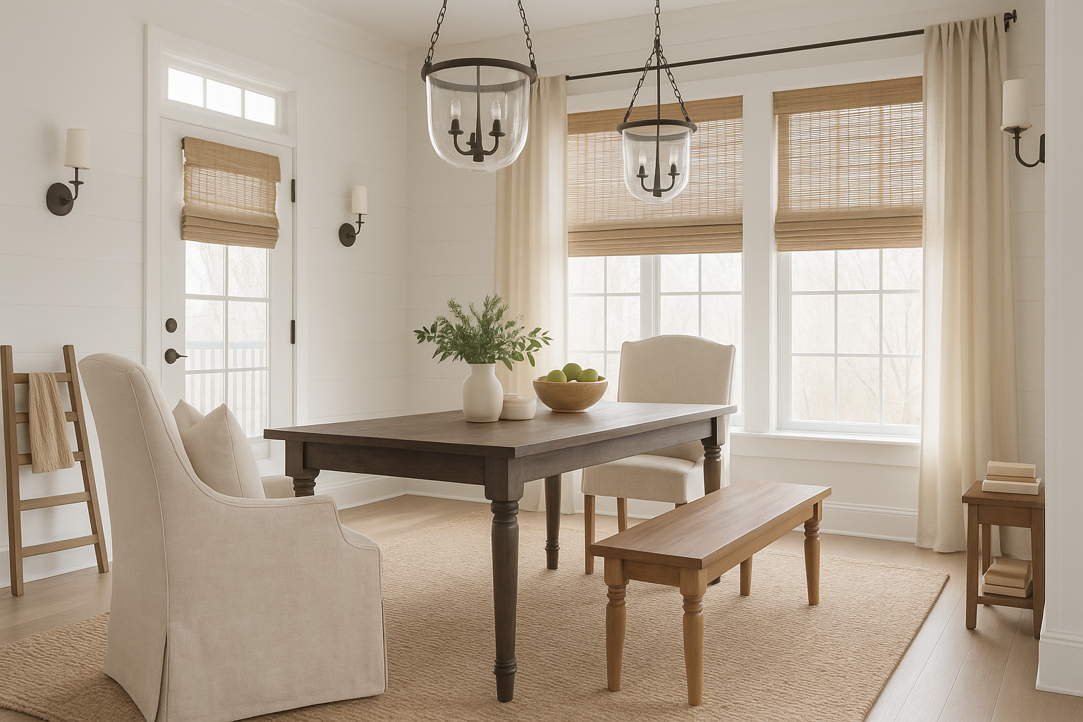 Bright dining room with white chairs, wooden table, pendant lights, and large window shades