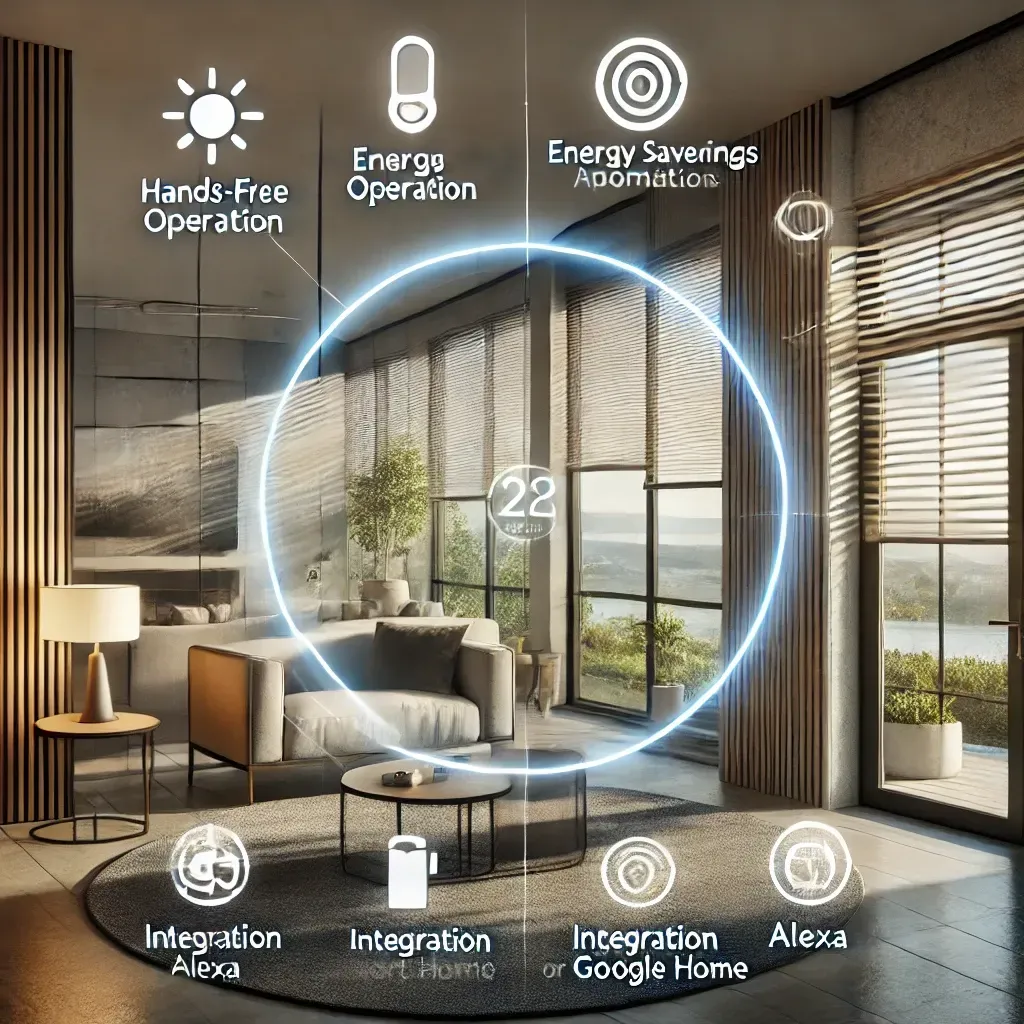 Smart mirror in a sunlit living room, showing home automation features and icons around it