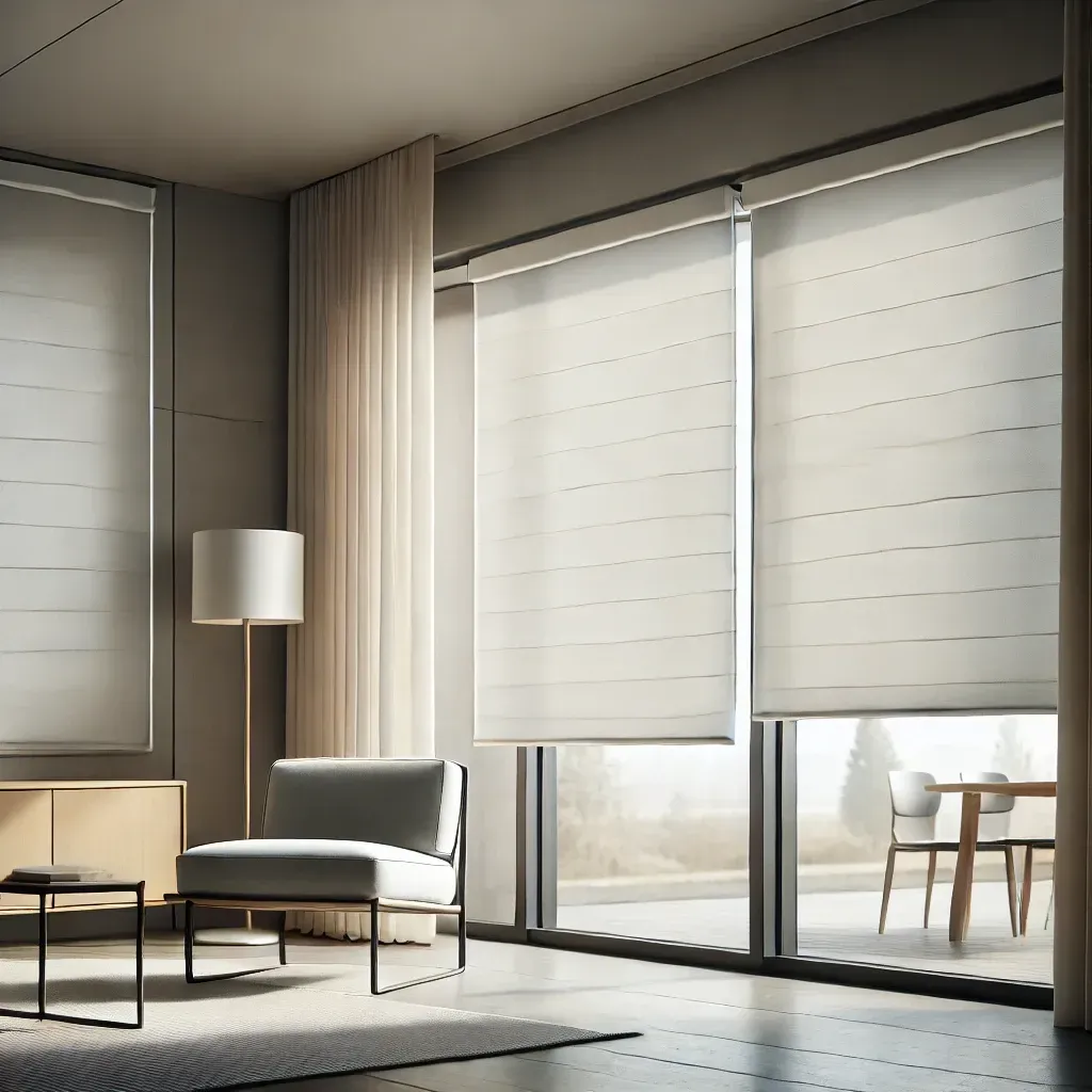 Modern minimalist living room with large windows, white blinds, lounge chair, floor lamp, and balcony chairs.