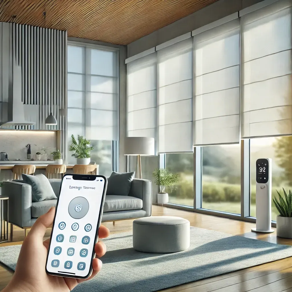 Hand holding a smartphone smart-home app in a bright modern living room with a voice assistant speaker.