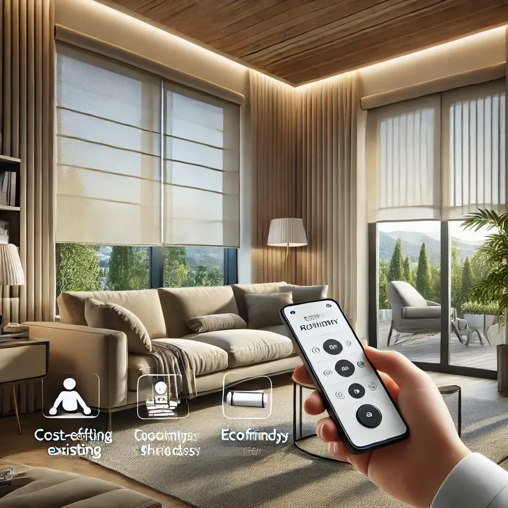Hand holding a remote in a modern living room with large windows and warm lighting.
