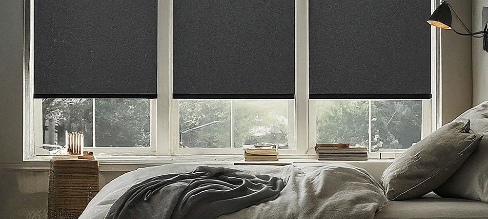 Cozy bedroom with dark blinds, a bed with gray bedding, and soft daylight through the windows