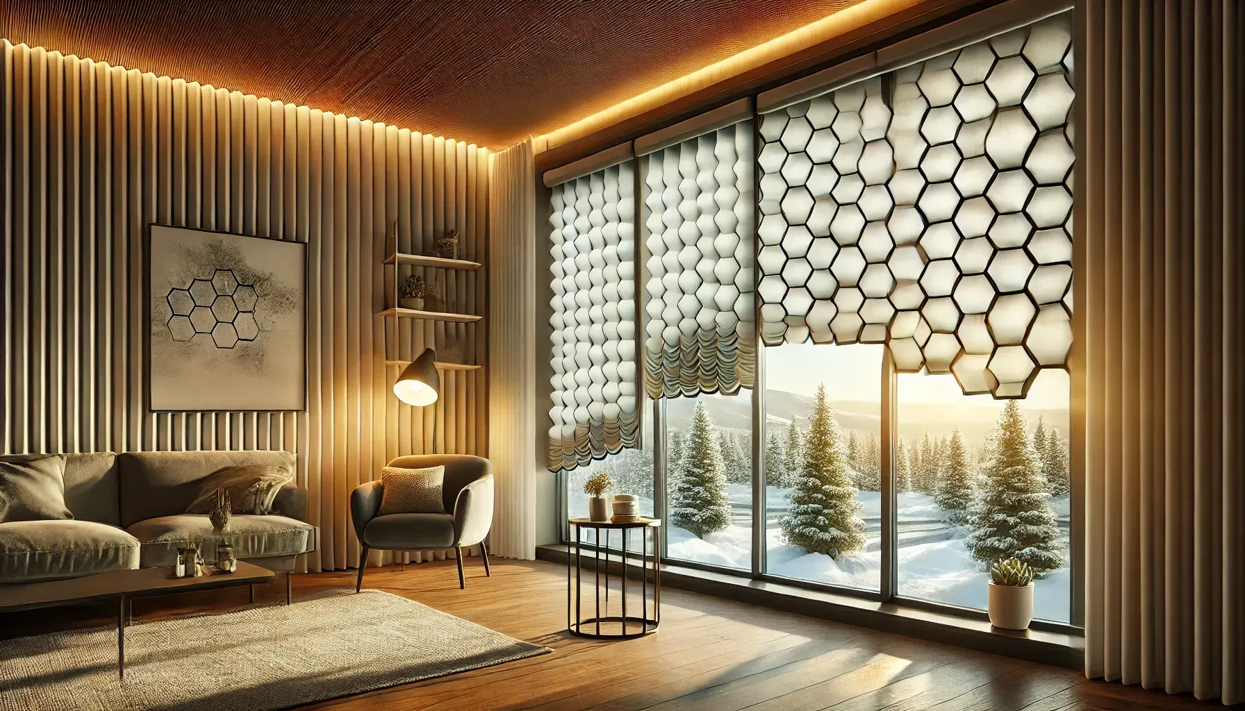 Cozy modern living room with warm wood accents, sofa, lounge chair, and a large window overlooking snowy trees
