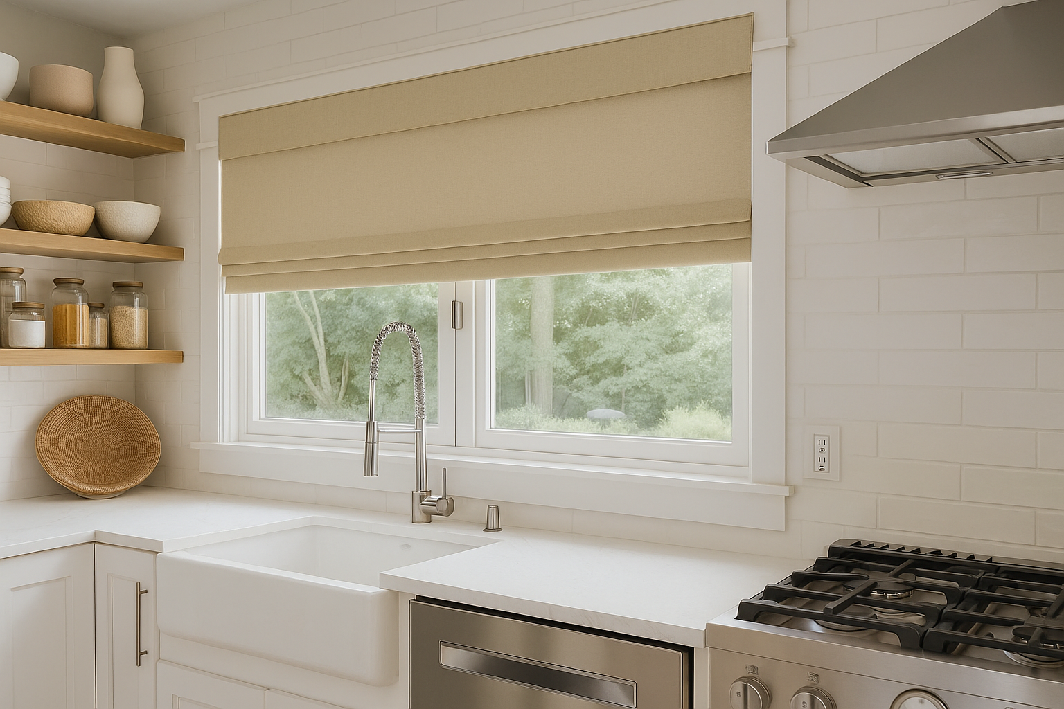 Bright kitchen with farmhouse sink, beige blind, open shelves, and gas stove by a sunny window.