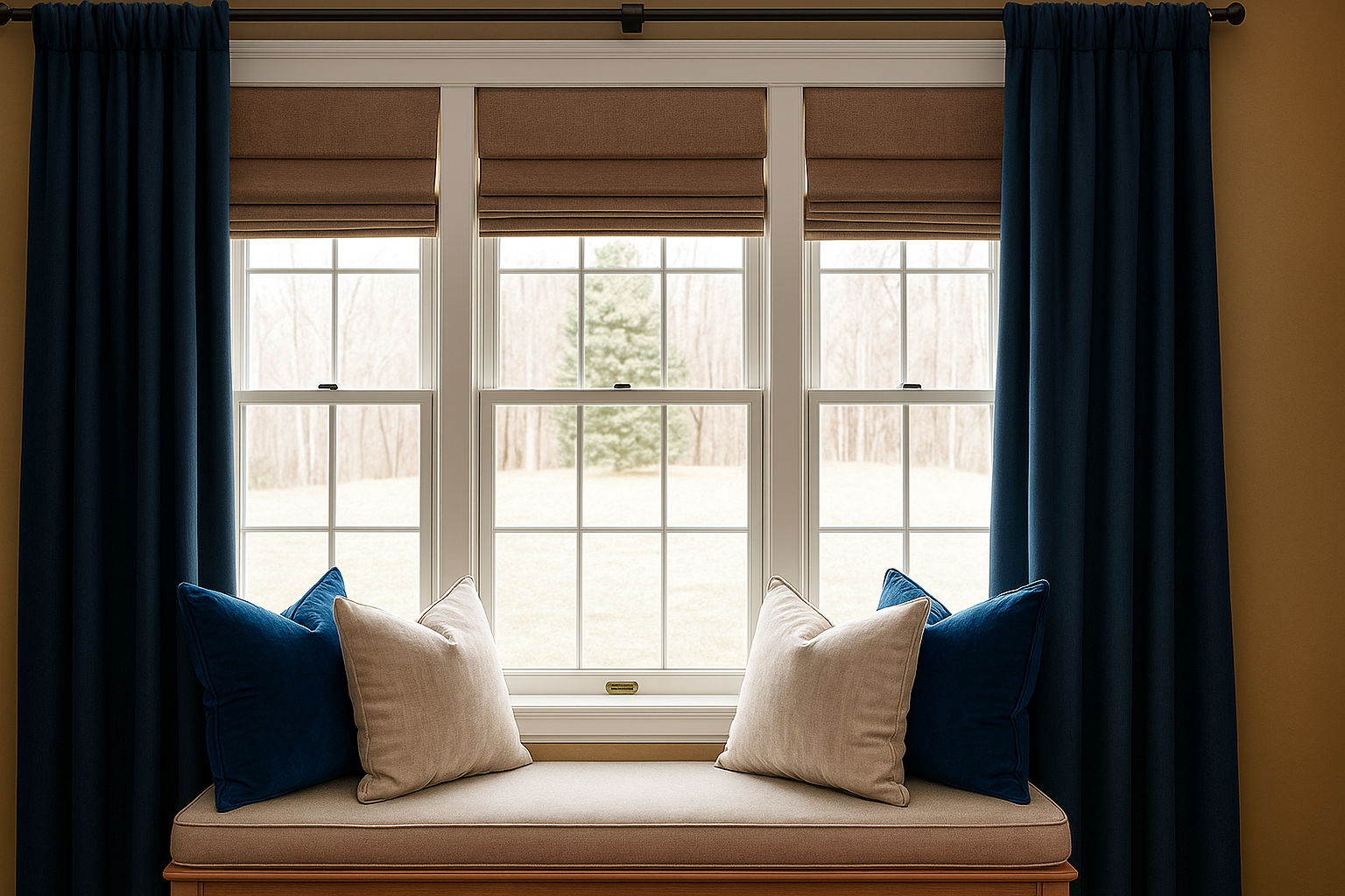 Window seat with blue curtains and white-and-blue pillows in front of a bright window