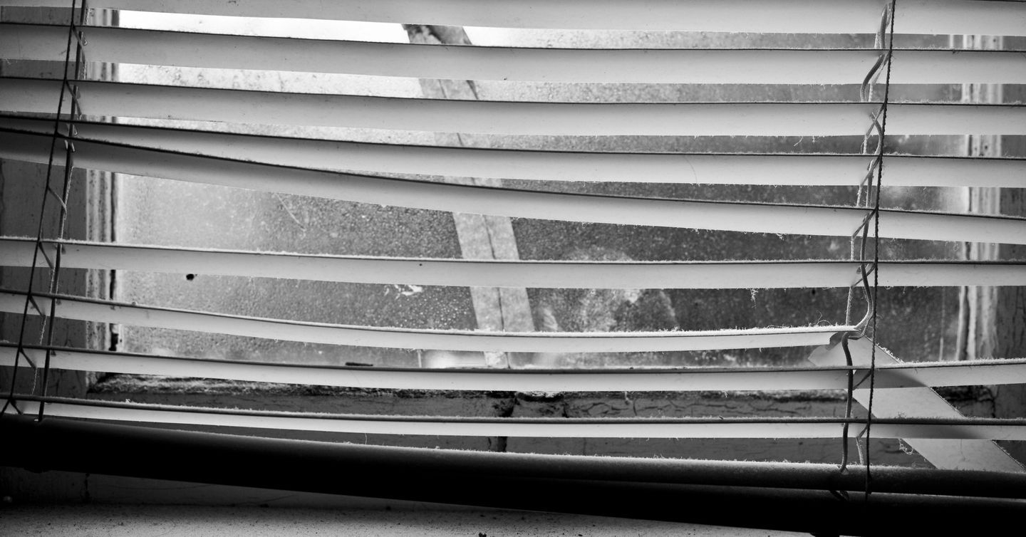Black-and-white view through window blinds, showing an outdoor scene beyond the slats.