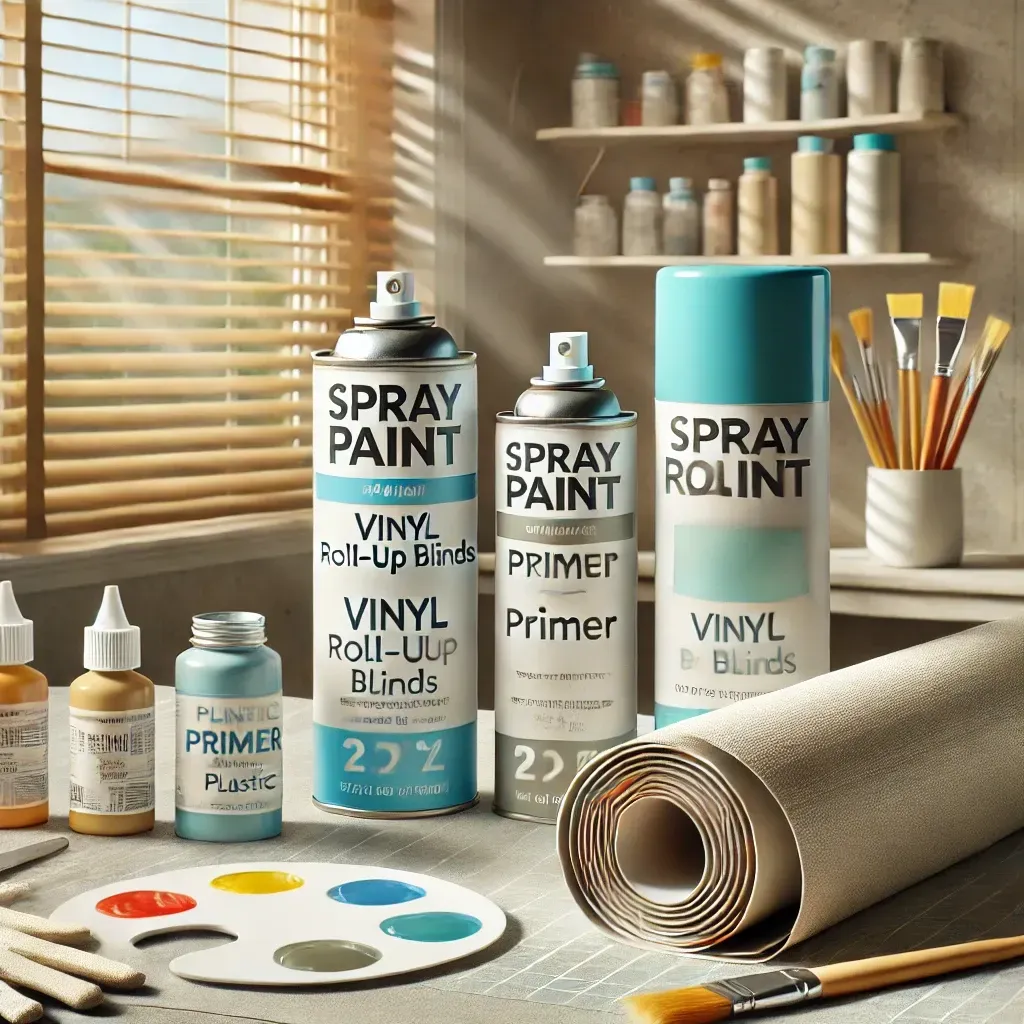 Paint and primer cans on a craft table beside rolled fabric, brushes, and color swatches in a sunlit room