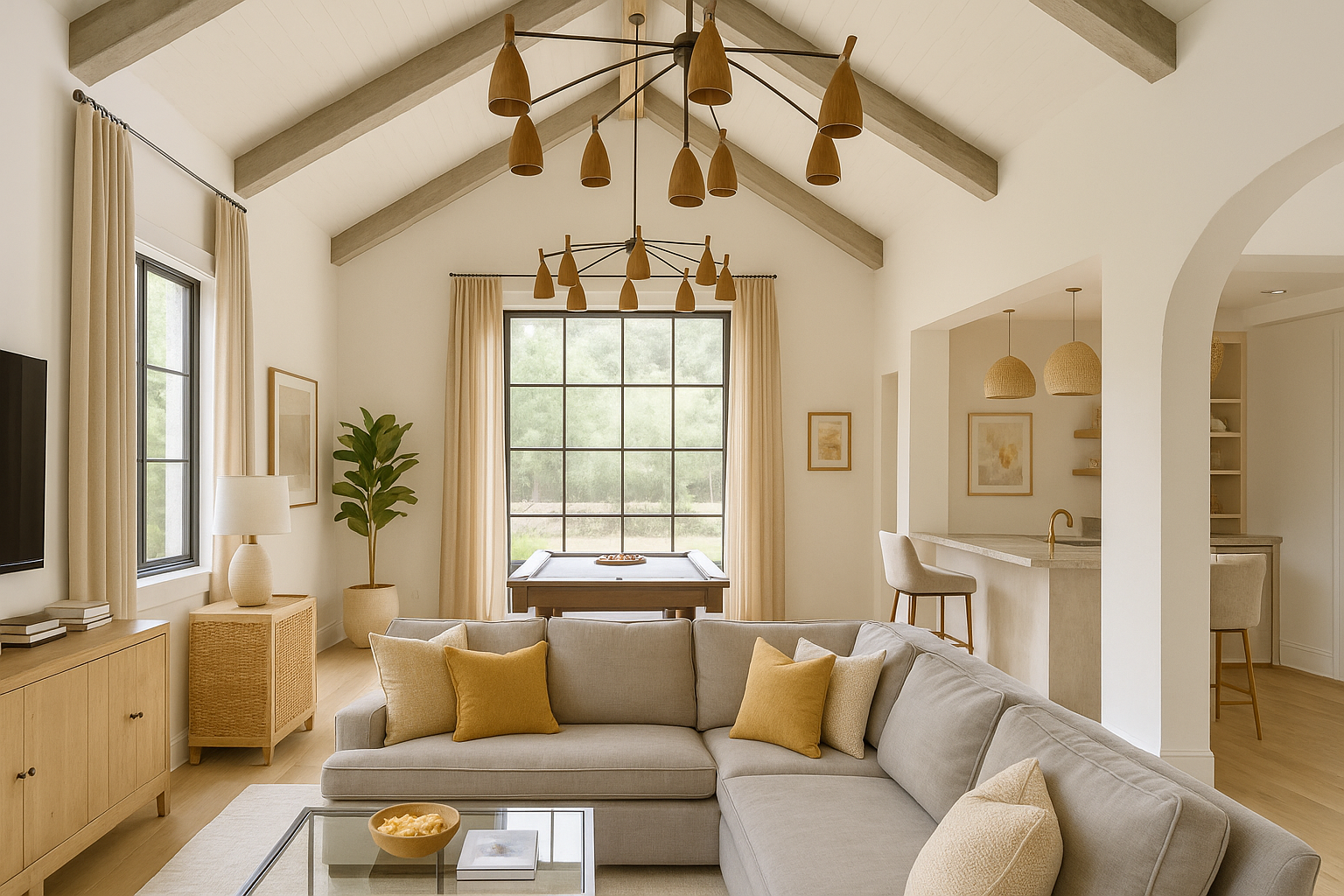 Bright, airy living room with vaulted ceiling, gray sofa, large window, and warm beige decor.