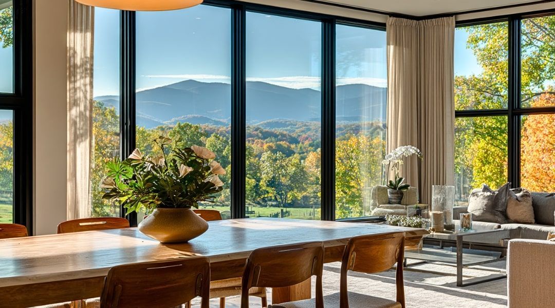 Dining room with large windows overlooking mountains and fall foliage.
