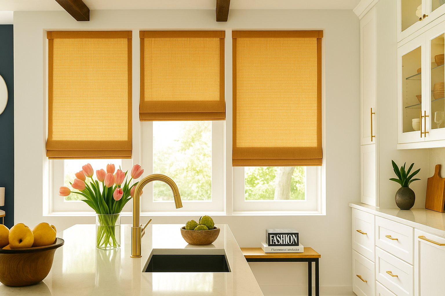 Bright kitchen with bamboo shades, white cabinets, a vase of tulips, and fruit on the counter.