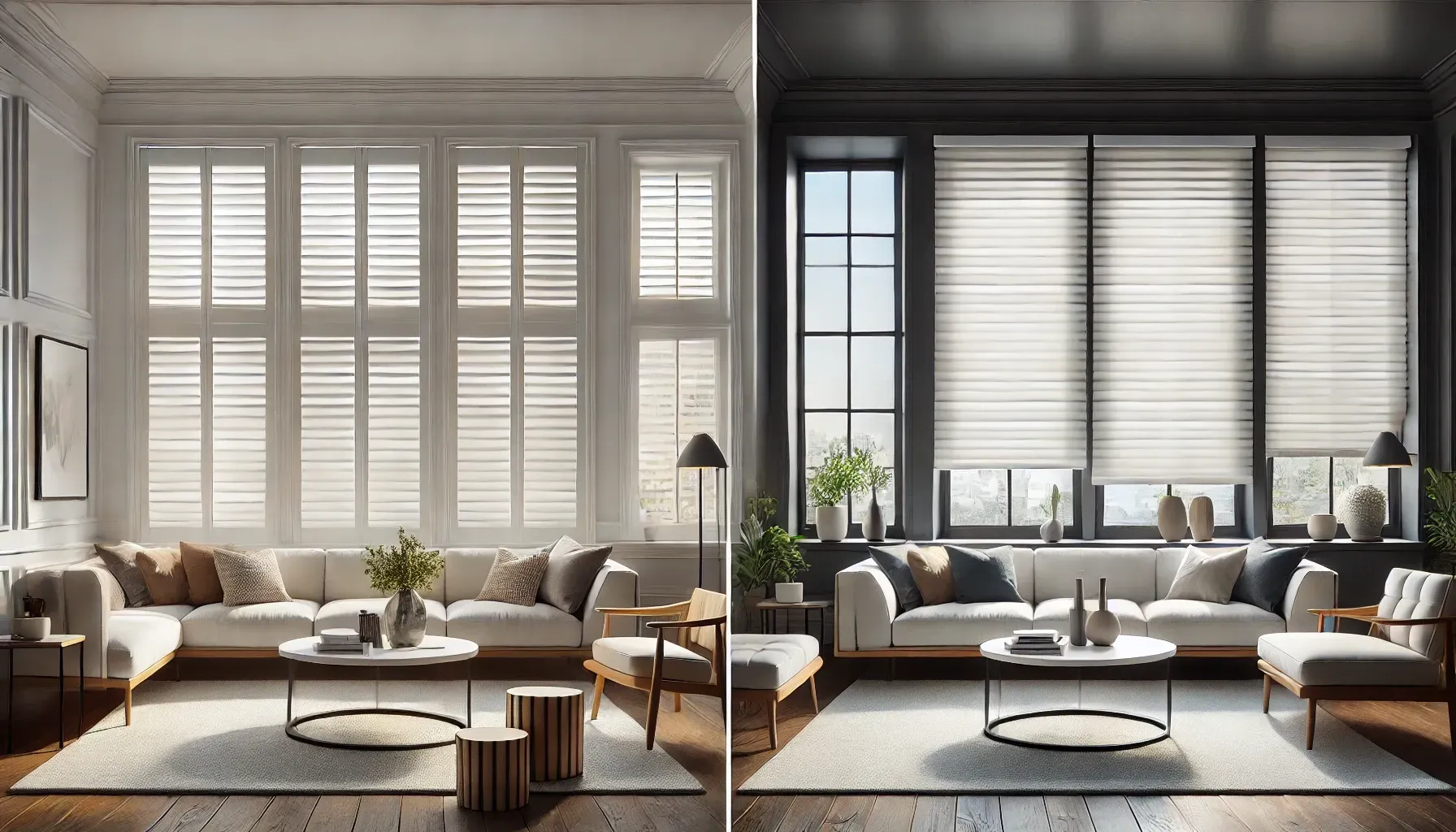 Side-by-side modern living rooms with large shuttered windows, neutral sofas, coffee tables, and indoor plants.