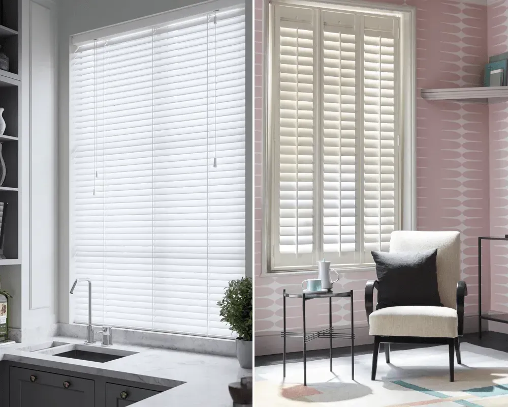 Bright pink home office with large windows, white blinds, and a black-and-white chair beside a side table.