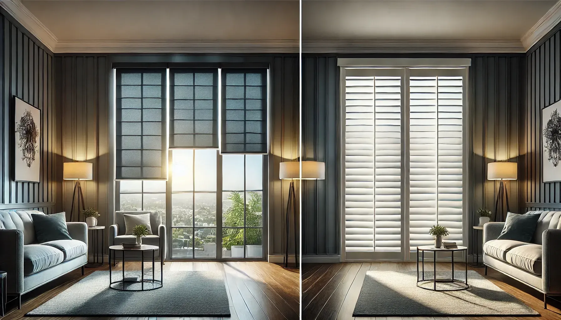A modern living room split into two styles: dark curtains and warm lamps on the left, bright shutters on the right.