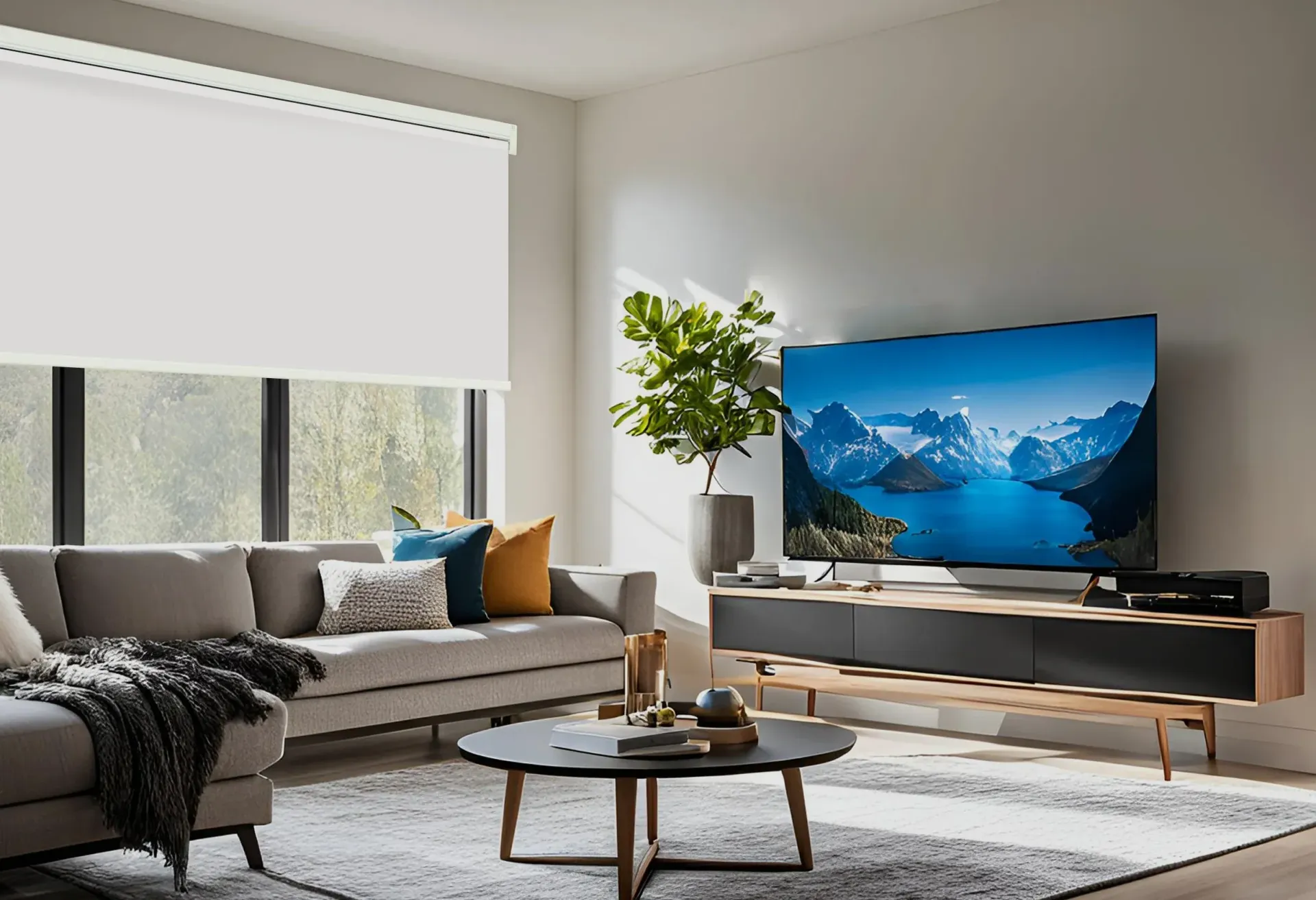 Modern living room with sofa, TV showing mountain landscape, coffee table, and large window with blinds