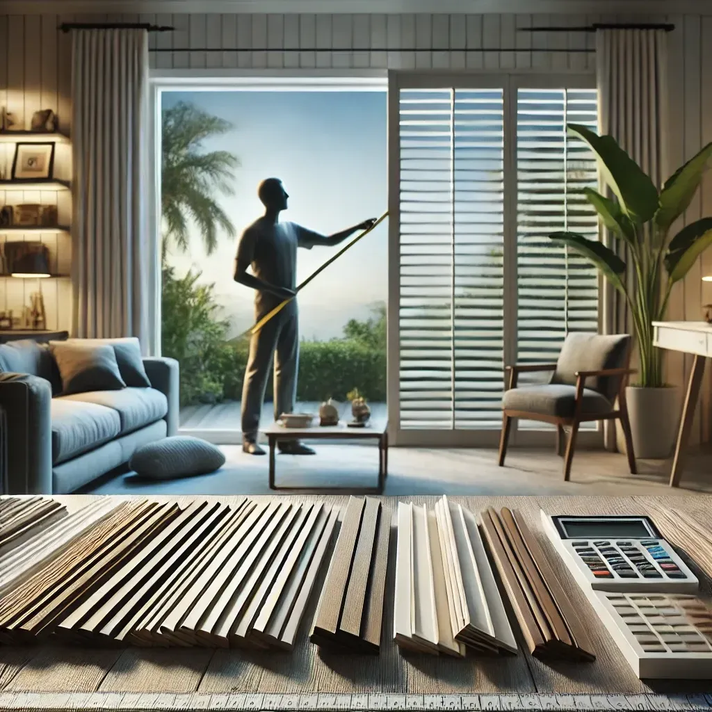 Person measuring window blinds in a modern living room, with fabric and slat samples displayed in front.